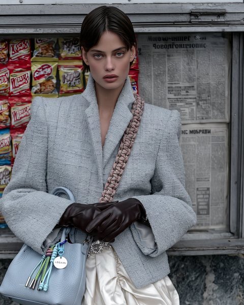 Model wearing a Legàmi braided strap and a bag with Legàmi charms